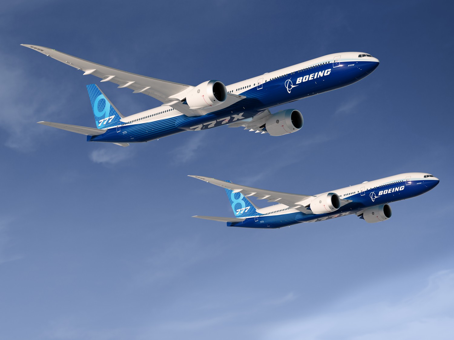 Rendering 777-9X; 777-8X; Both Planes together; View from lower Starboard - right side; Air to Air; Over Clouds Blue Boeing Livery; K66735